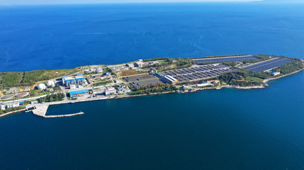 Obraz premium Aerial drone photo of industrial container terminal in commercial port of Piraeus, Perama, Attica, Greece