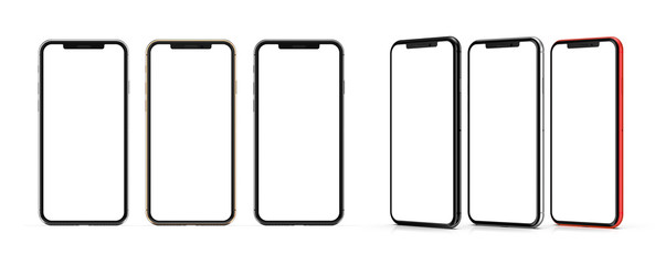 Smartphones gold, red, silver and black - blank screen and isolated on white background, high resolution. Template, mockup.