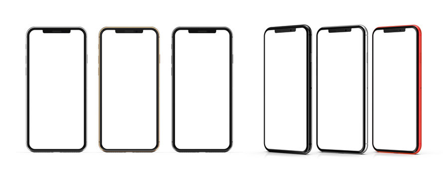 Smartphones gold, red, silver and black - blank screen and isolated on white background, high resolution. Template, mockup.