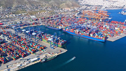 Aerial drone photo of industrial container terminal in commercial port of Piraeus, Perama, Attica,...