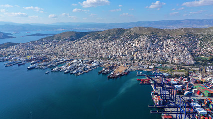 Fototapeta premium Aerial drone photo of industrial container terminal in commercial port of Piraeus, Perama, Attica, Greece