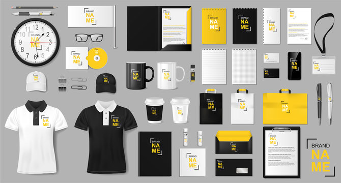Corporate identity template design. Realistic golden and black Business Stationery mockup for shop. Stationery and uniform, paper pack, package for your brand. Vector illustration