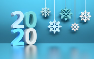 White 2020 numbers with snowflakes on blue background