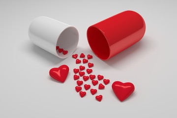 Red white pill capsule with many small hearts