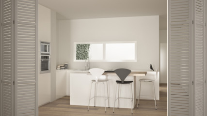 White folding door opening on modern white kitchen with island, stools, ribbon window and parquet floor, white interior design, architect designer concept, blur background