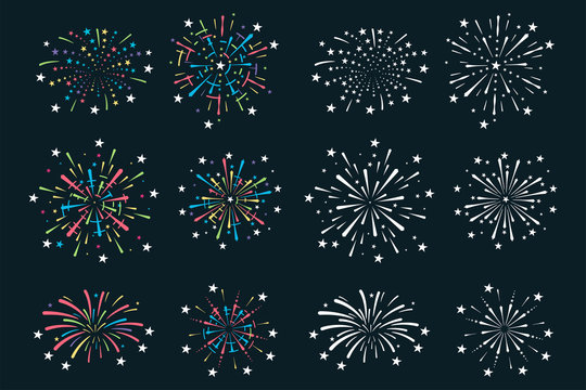 Colorful fireworks vector cartoon set isolated on background.