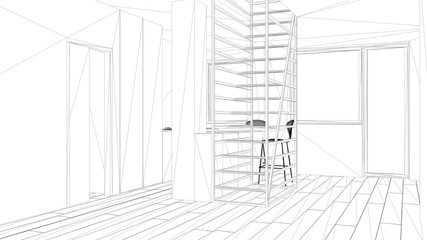 Blueprint project draft, minimalist living room with kitchen, island and stools, parquet floor, white modern metal staircase with wooden steps, interior design concept idea