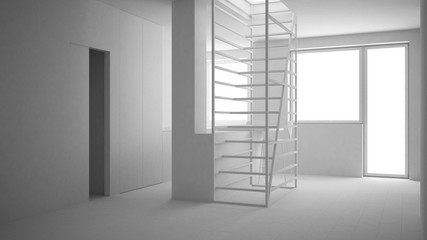 Total white project draft of minimalist living room, kitchen and white modern staircase with wooden steps, parquet floor, big window, contemporary interior design concept, architecture