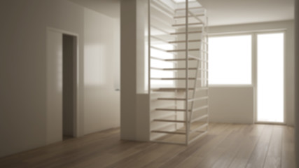 Blur background interior design, minimalist living room, kitchen and white modern staircase with wooden steps, parquet floor, concept, architect designer project, architecture idea