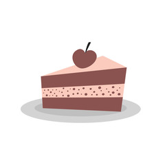 Piece of layered chocolate cake with cherry on a plate. Vector art for banner, poster, card 
