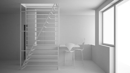 Total white project draft of minimalist living room, kitchen and white modern staircase with wooden steps, parquet floor, big window, contemporary interior design concept, architecture