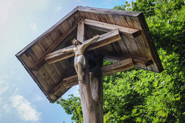 Old wooden cross in open air museum in Olsztynek town of Olsztyn County in Warmia-Mazury Province, Poland