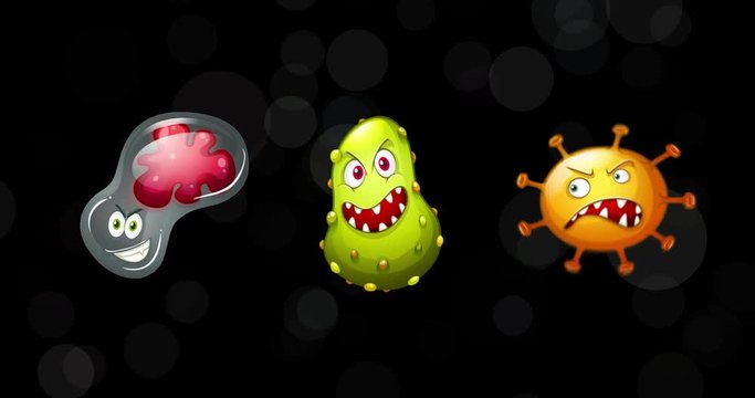 A funny video of animated cartoon germs with an abstract background.