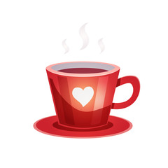 Red cup of coffee and a plate. Vector art for banner, poster, card