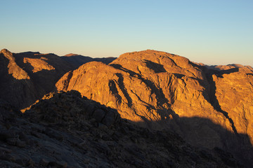 Fototapeta premium Egypt. Mount Sinai in the morning at sunrise. (Mount Horeb, Gabal Musa, Moses Mount). Pilgrimage place and famous touristic destination.