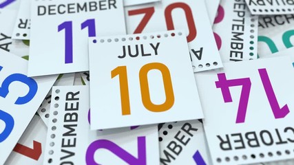 July 10 date on calendar page. 3D animation