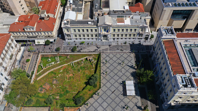 Aerial drone photo of famous square of Kotzia and City Hall in the heart of Athens, Attica, Greece