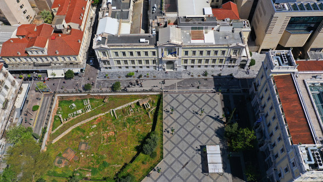 Aerial drone photo of famous square of Kotzia and City Hall in the heart of Athens, Attica, Greece