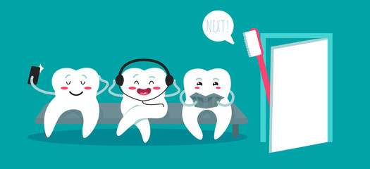 Teeth on couch and toothbrush on blue background. Healthy teeth. Good morning