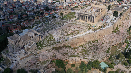 Aerial drone photo of iconic propylaia and the Parthenon in Acropolis hill, masterpiece of ancient...