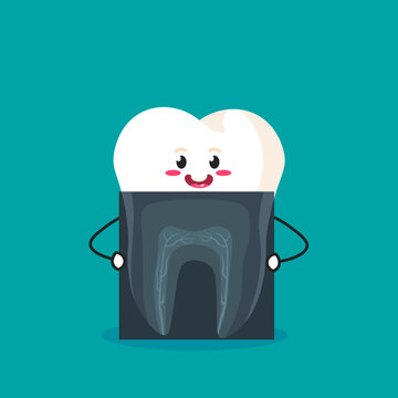 X-ray of dental. funny cartoon tooth that holds the picture. vector illustration on azure background