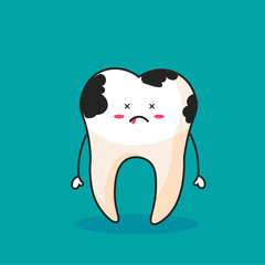 Small dentists people cleaning, treating big unhealthy tooth plaque and caries hole. Dentist doctors brushing, scaling, drilling plaque and caries tooth. Flat vector illustration