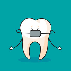 Cute tooth with teeth clip, cartoon character, oral dental hygiene, vector.