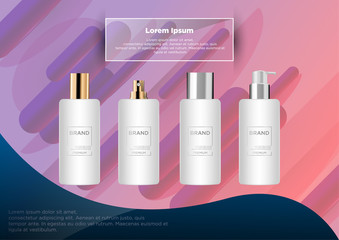 Round white gold, grey and silver plastic bottle set with dispenser for  liquid soap, lotion, shampoo.  Realistic packaging mockup template. With gold and silver lid. Isolated on abstract background. 