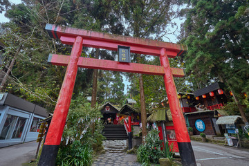 Nantou, Taiwan - December 7, 2018: Beautiful red Torii gate in front of Xitou monster village at Xitou of Nantou Lugu in Taiwan .
