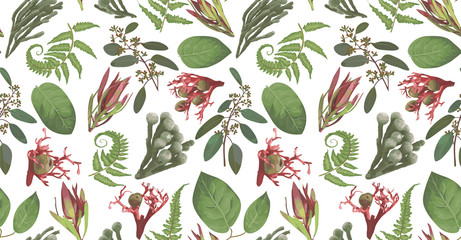 Seamless pattern, background, texture print vector. Pink leucadendron flowers, gaultheria,salal, jatropha, brunia, green fern, eucalyptus. Tender, elegant textile fabric, wrapping