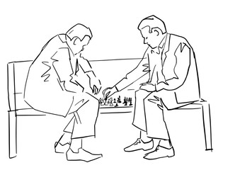 Two people playing chess on the bench. Black contour. Line drawing. Intellectual hobby. Leisure activity. Vector silhouette illustration. Isolated outline.