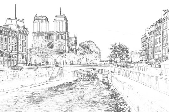 Illustration, in sketch style, of Notre Dame de Paris and a boat on Seine river - Paris, France