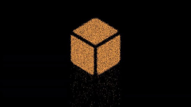 Symbol dice d6 appears from crumbling sand. Then crumbles down. Alpha channel Premultiplied - Matted with color black