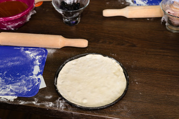Baking background. Cooking ingredients for doughand utensils,, recipe or culinary classes, copy space, top view