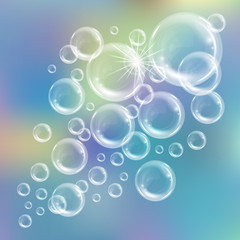 Realistic transparent floating soap bubbles. Design element for advertising booklet, flyer or poster