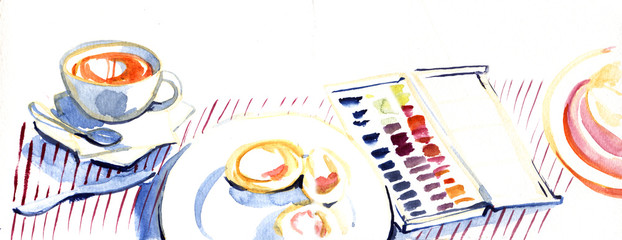 Watercolor hand drawn drawing painting illustration detailed top view on modern art workplace. Cup of coffee and palette of watercolor colors.