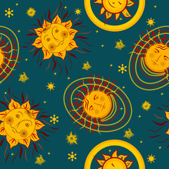 Fototapeta premium Seamless pattern. Fantastic suns and stars on a dark blue background. Fabric, wrapping paper, wallpaper, website design, packaging, stationery. Space theme. 