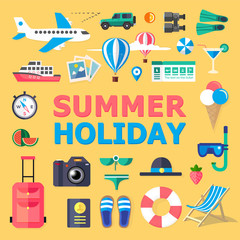 Summer holiday. Flat vector stock illustration. Summertime background with hanging summer icons, sea, surfer, boat, planning a summer vacation, tourism and journey objects. Eps10