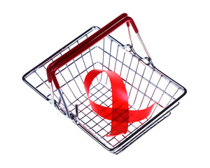 Shopping basket and red satin ribbon on a white background.