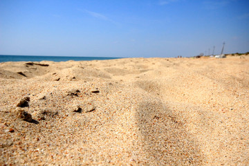 Closeup Sand on the beach with no people, blue sky with no clouds