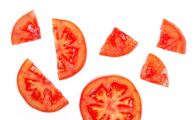 Fresh ripe, red tomato slices isolated on white background, top view