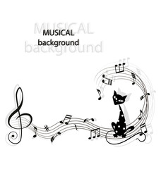 Music, notes and black cat. Cute black cartoon cat with white polka dots. Music background.