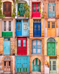 Collage of wooden, colorful and antic doors from Nicosia, Cyprus