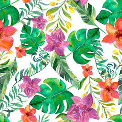 seamless hand painted watercolor tropical pattern, floral vivid hawaiian summer design with hibiscus, plumeria (frangipani) flowers and tropic leaves