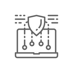 Security laptop, safe computer, web protect, device protection line icon.