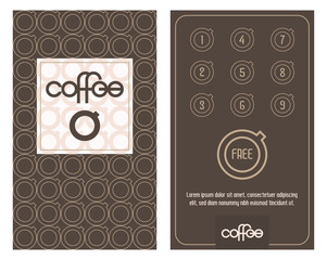 Coffee card. Horizontal card with loyalty program for customers of coffee Shops, caffee houses etc. Bonus program: get one free.