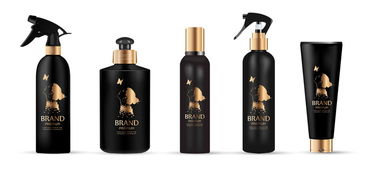  Set of realistic black package luxury cosmetic with gold logo product:  tube cream, bottle with dispenser or spray, oil, shampoo,  gel shower and liquid soap.