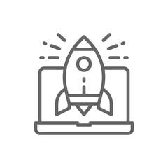 Rocket launch from laptop, startup line icon.