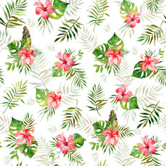Watercolor seamless pattern with green tropical leaves of  banana, monstera, palm and red hibiscus flowers. Summer background, exotic plants. Use in textiles, interior and other 