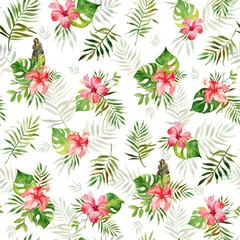 Poster Im Rahmen Watercolor seamless pattern with green tropical leaves of  banana, monstera, palm and red hibiscus flowers. Summer background, exotic plants. Use in textiles, interior and other  © inna72